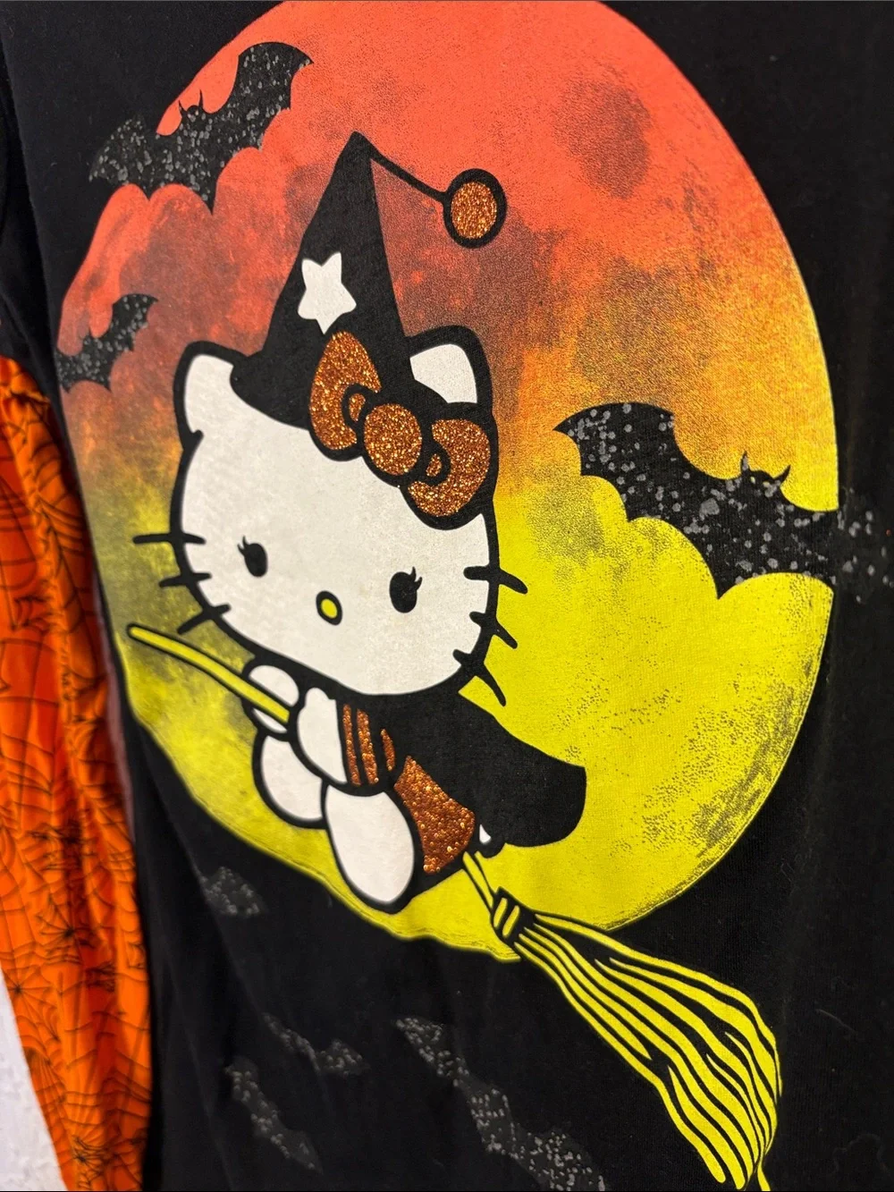 Vintage Hello Kitty Black Top with Orange Spiderweb Sleeves Yellow Moon Graphic